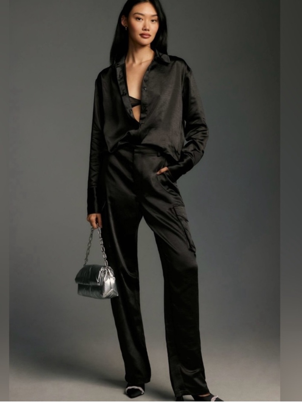 NWT Good American Washed Satin Cargo Pants Black Size 2 Revolve